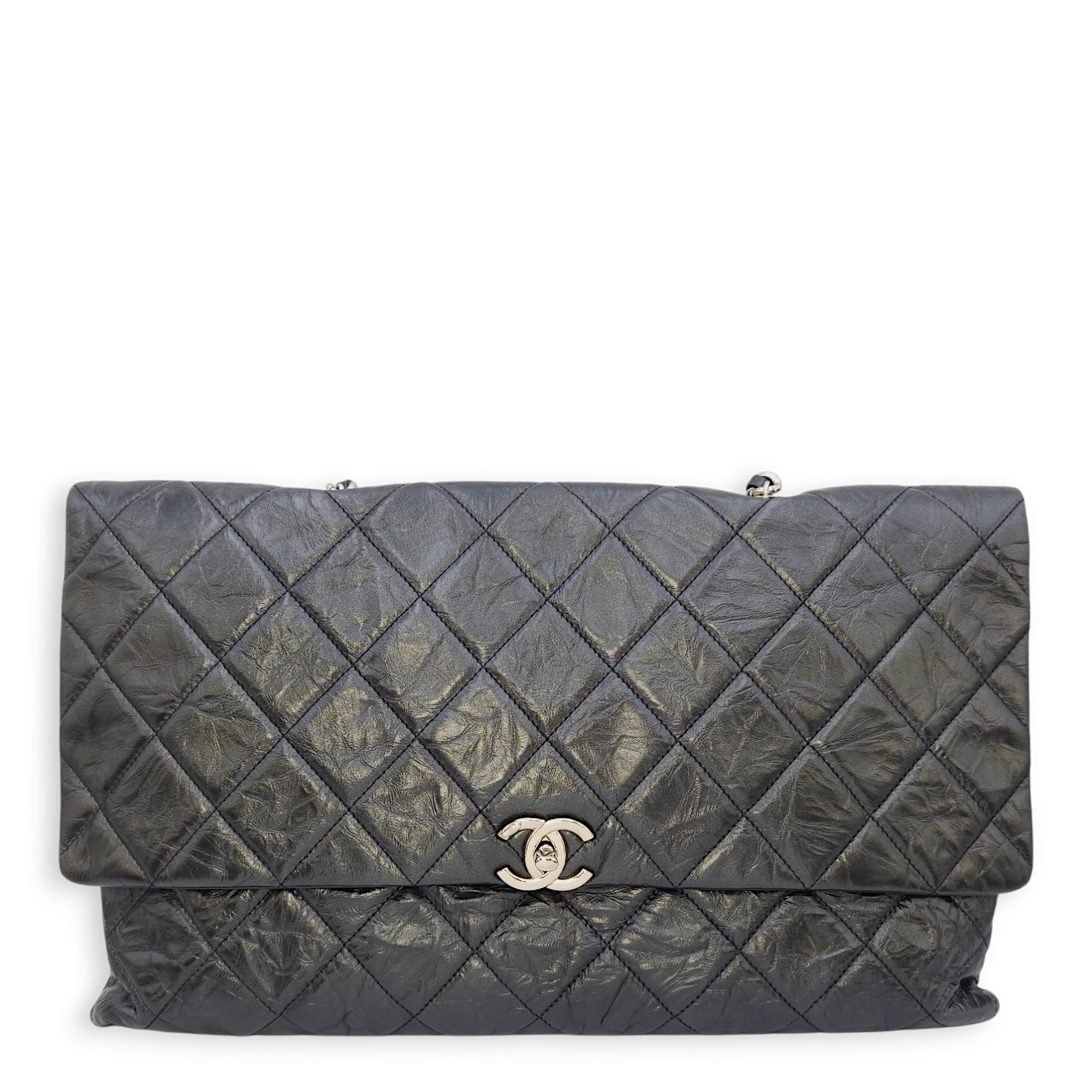 Seasonal Quilted Big Bang Flap 40x24cm Black Shoulder Bag in Crumpled calf leather, Silver hardware