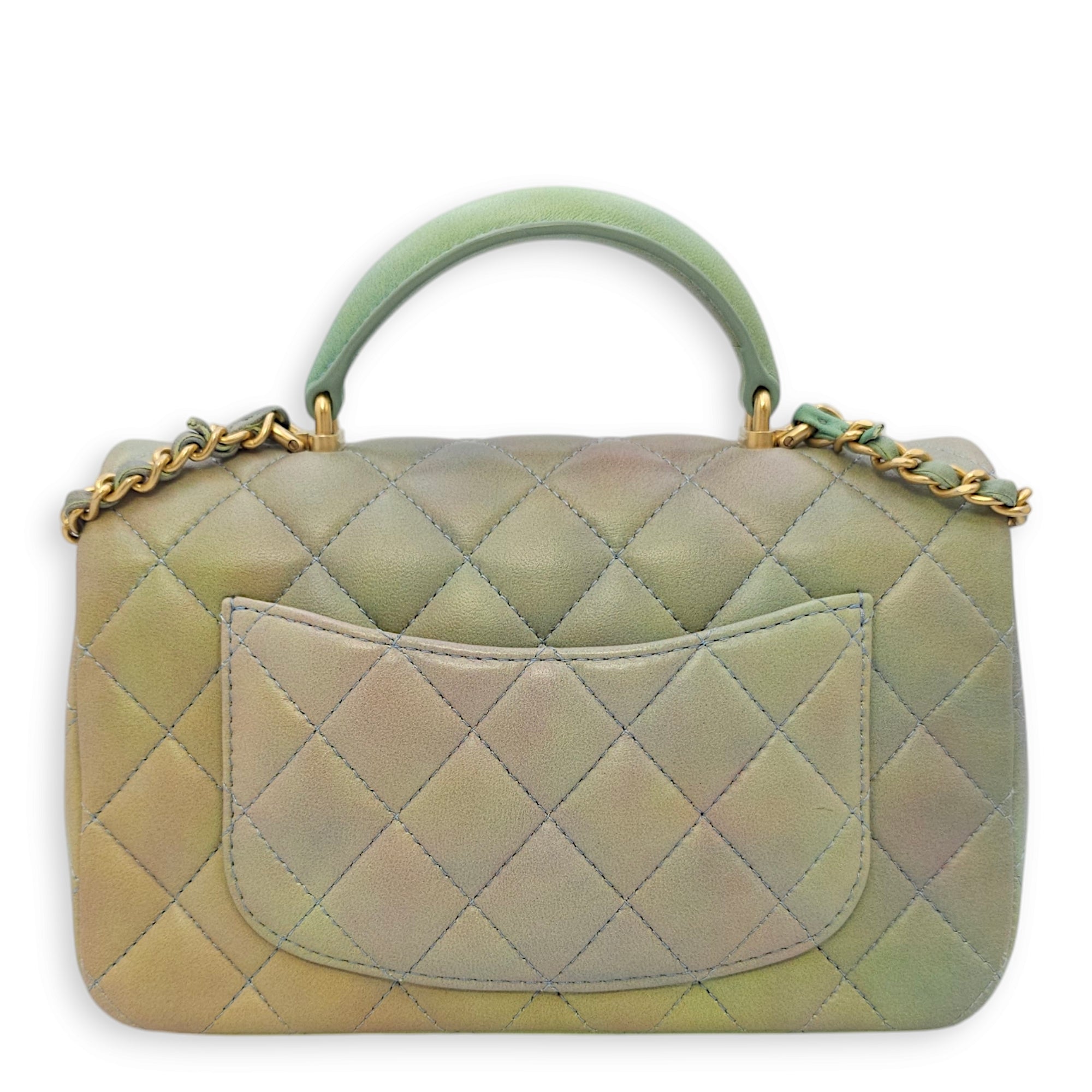 Rectangle with Top Handle Mini Green Crossbody Bag in Lambskin, Gold hardware