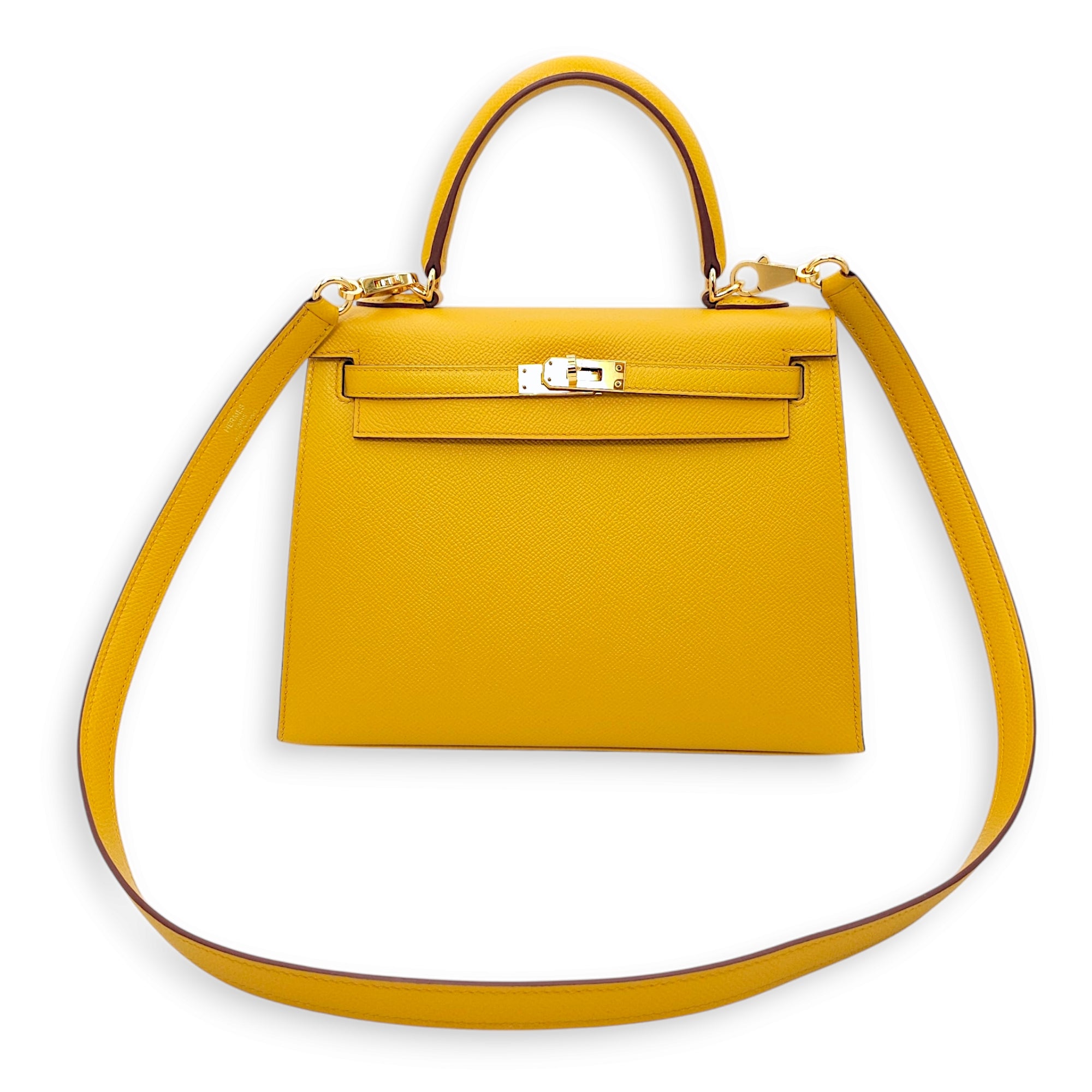 Sellier Kelly 25 Jaune Ambre in Epsom, Gold hardware