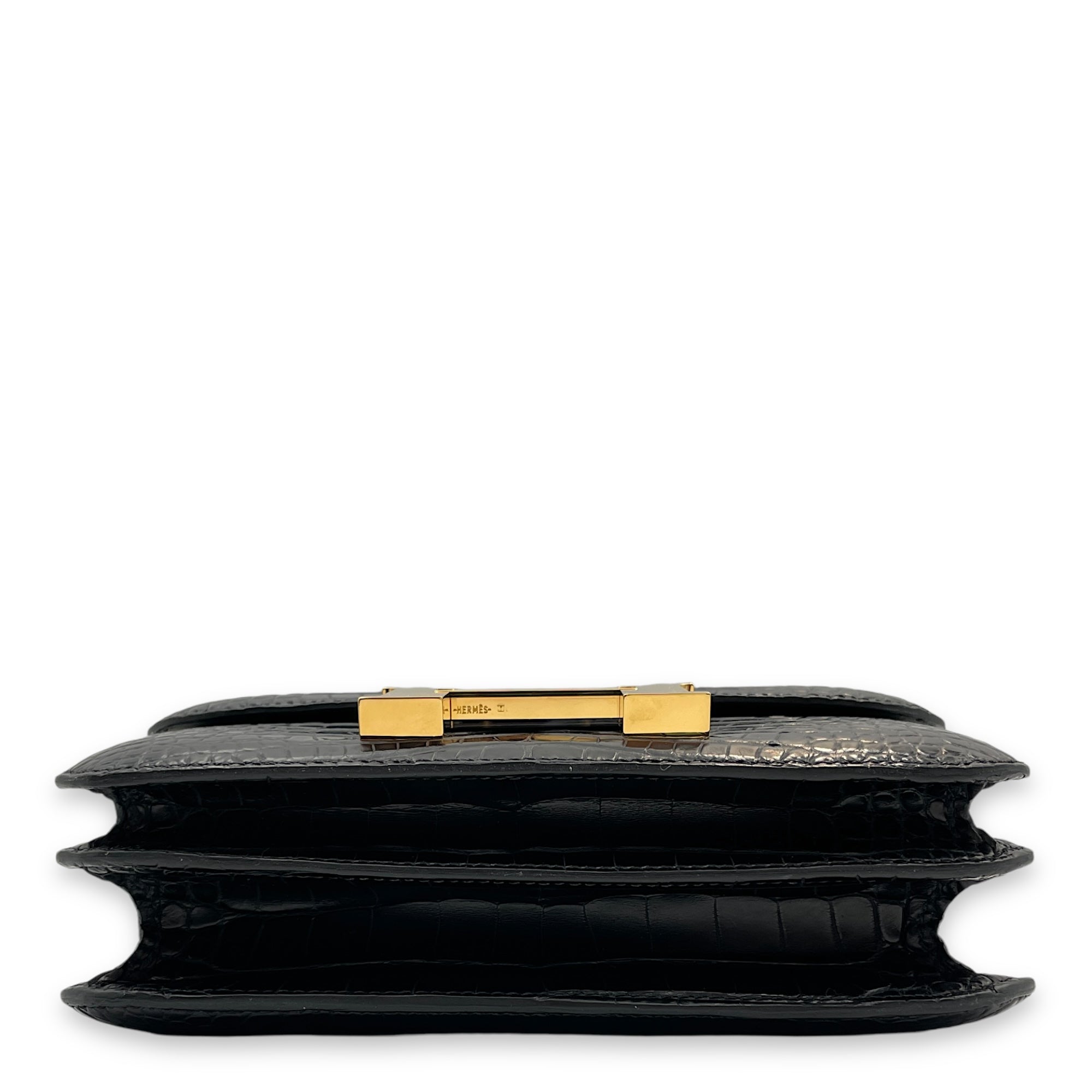 Constance Mirror 18 Black in Matte Alligator, Gold hardware