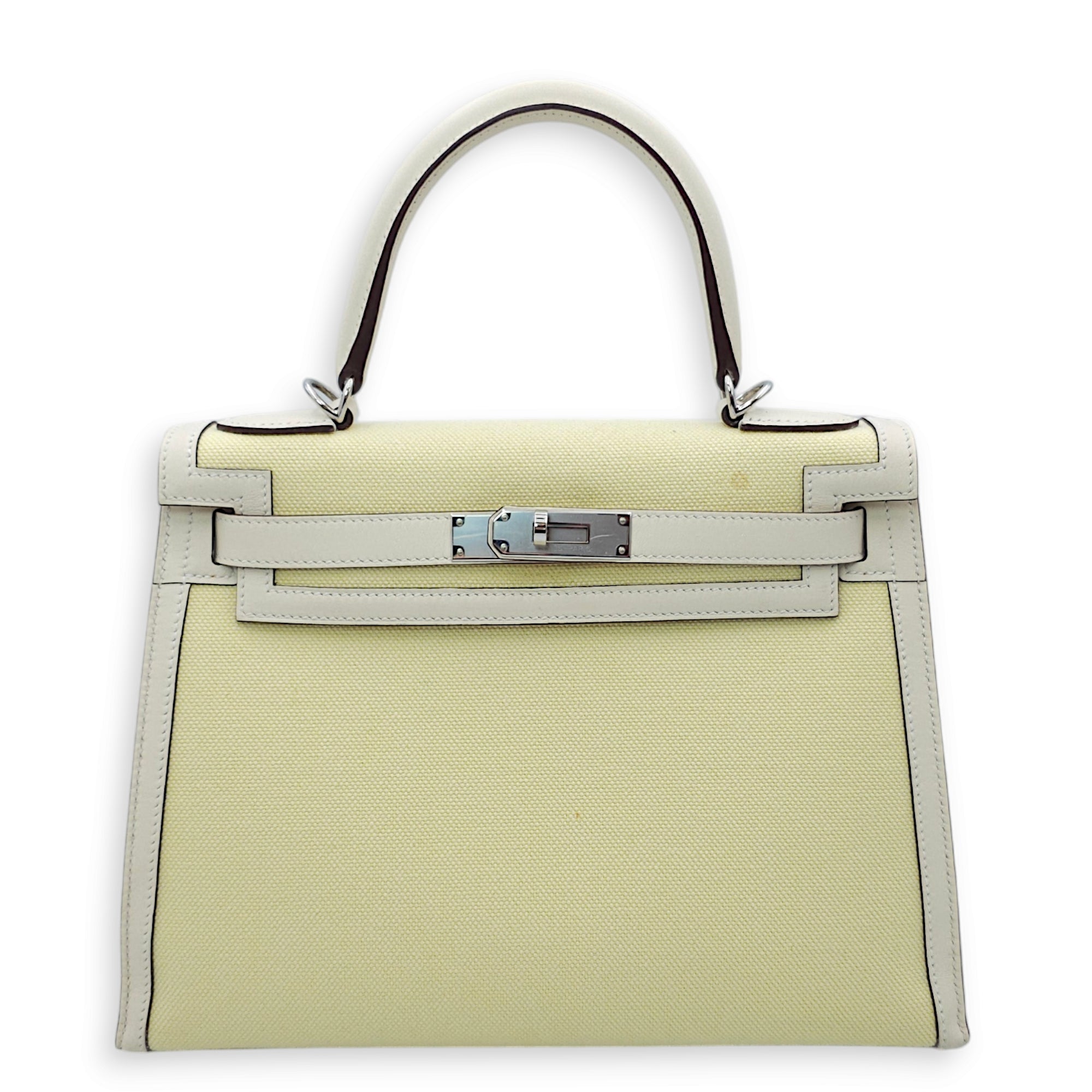 Sellier Kelly 28 Nata/Jaune/Citron-Ecru in Swift/Toile, Palladium hardware