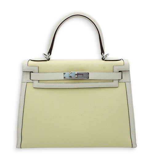 Sellier Kelly 28 Nata/Jaune/Citron-Ecru in Swift/Toile, Palladium hardware