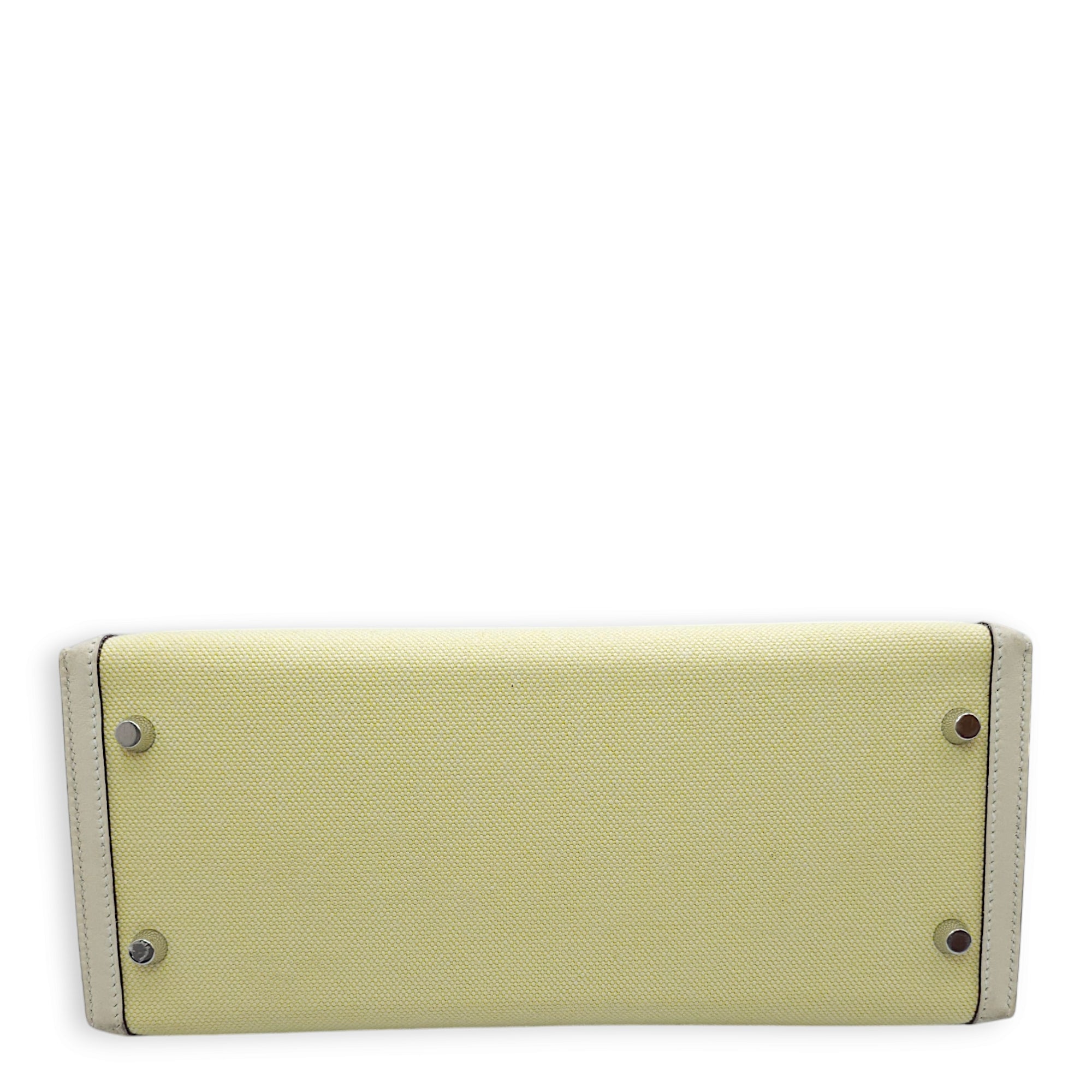 Sellier Kelly 28 Nata/Jaune/Citron-Ecru in Swift/Toile, Palladium hardware