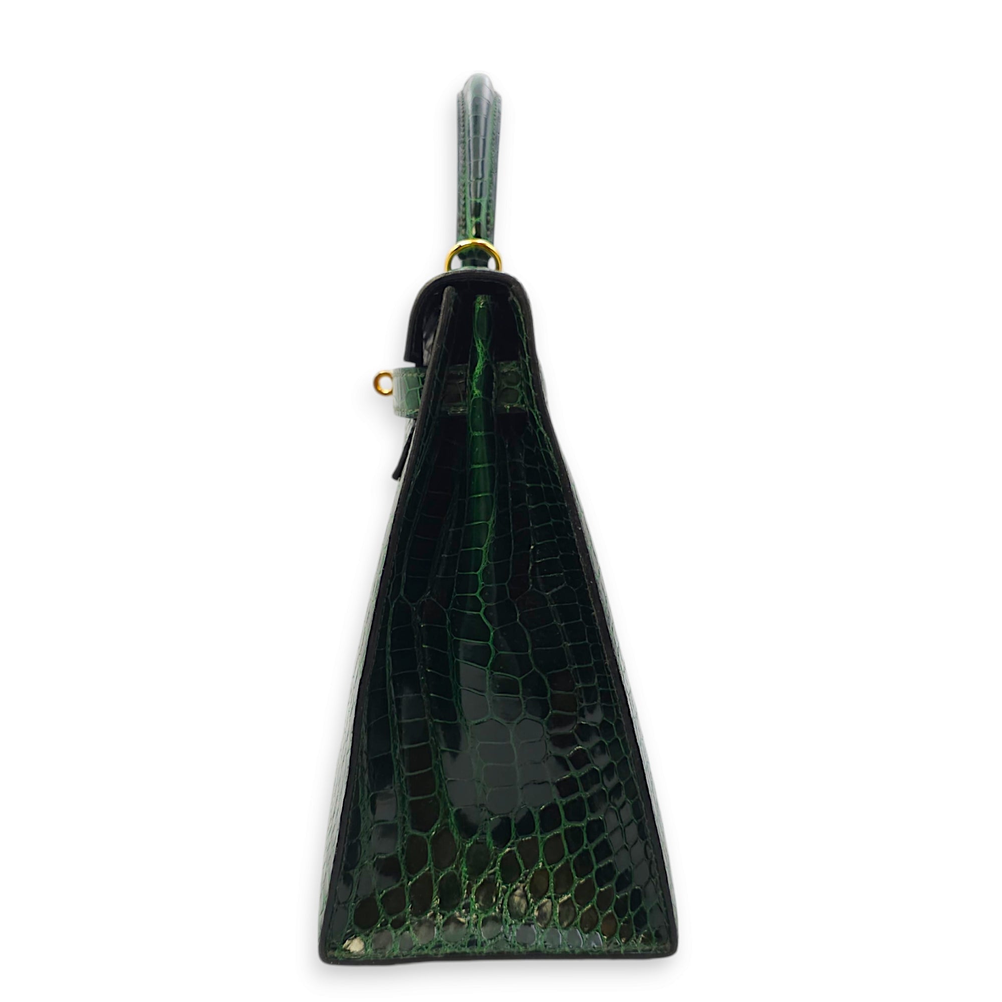 Sellier Kelly 32 Vert Fonce in Shiny Porosus Gold hardware CL2406-2734 3