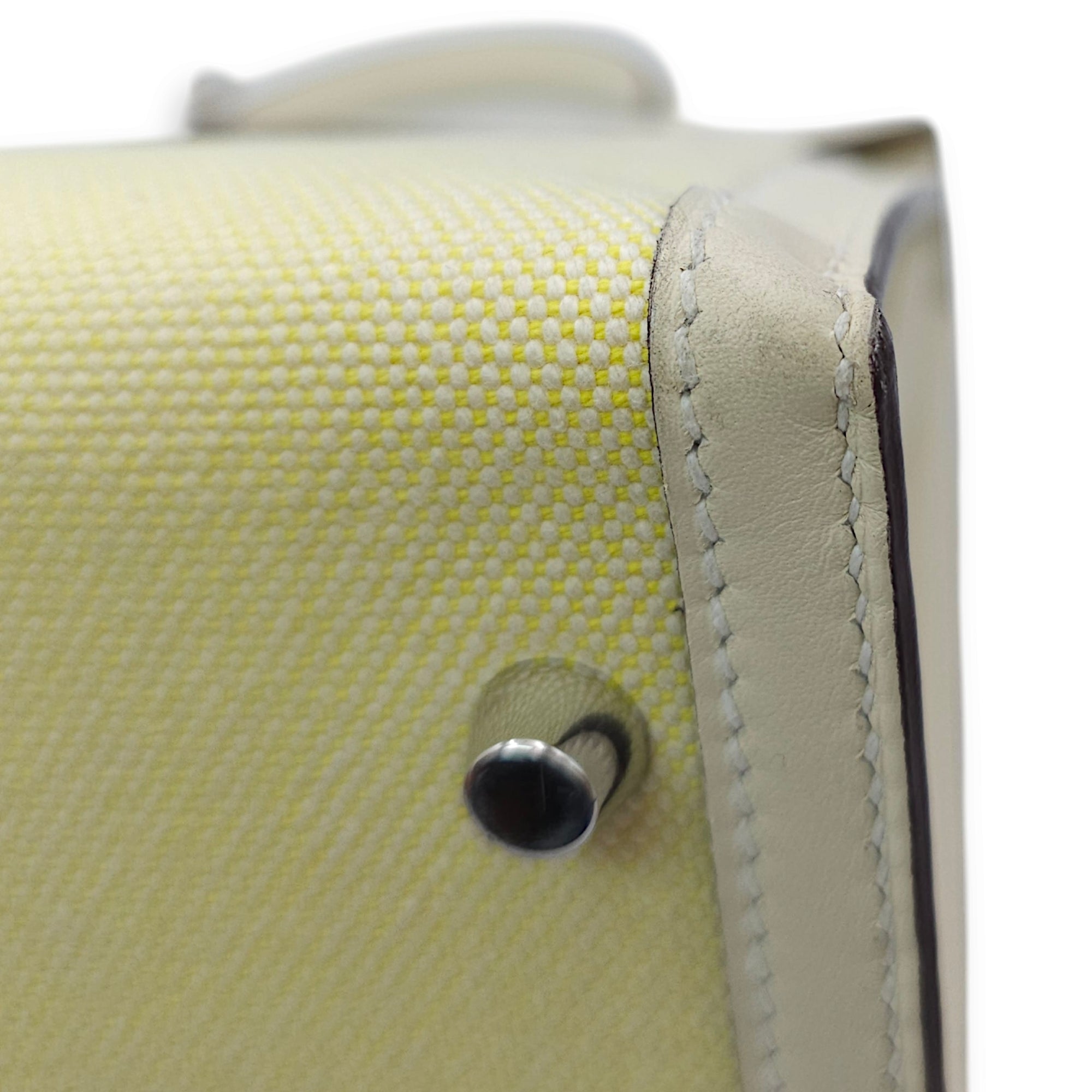 Sellier Kelly 28 Nata/Jaune/Citron-Ecru in Swift/Toile, Palladium hardware