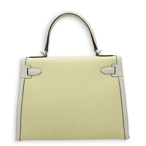 Sellier Kelly 28 Nata/Jaune/Citron-Ecru in Swift/Toile, Palladium hardware