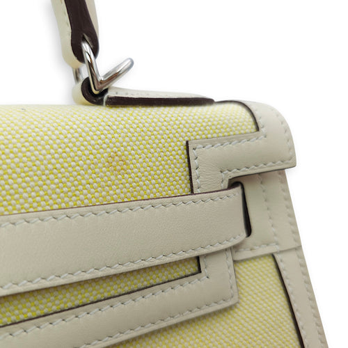 Sellier Kelly 28 Nata/Jaune/Citron-Ecru in Swift/Toile, Palladium hardware