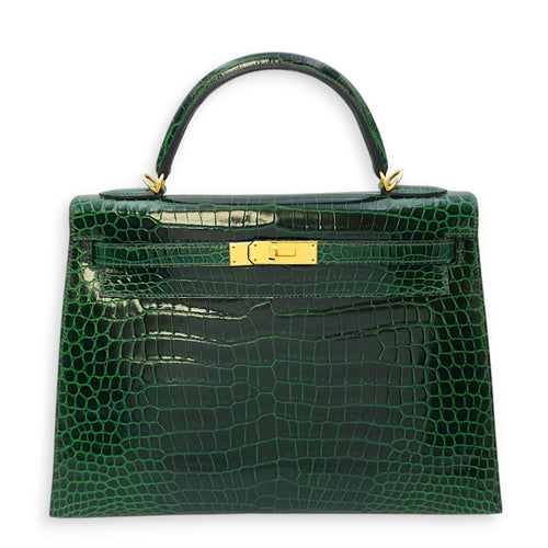 Sellier Kelly 32 Vert Fonce in Shiny Porosus Gold hardware CL2406-2734 1