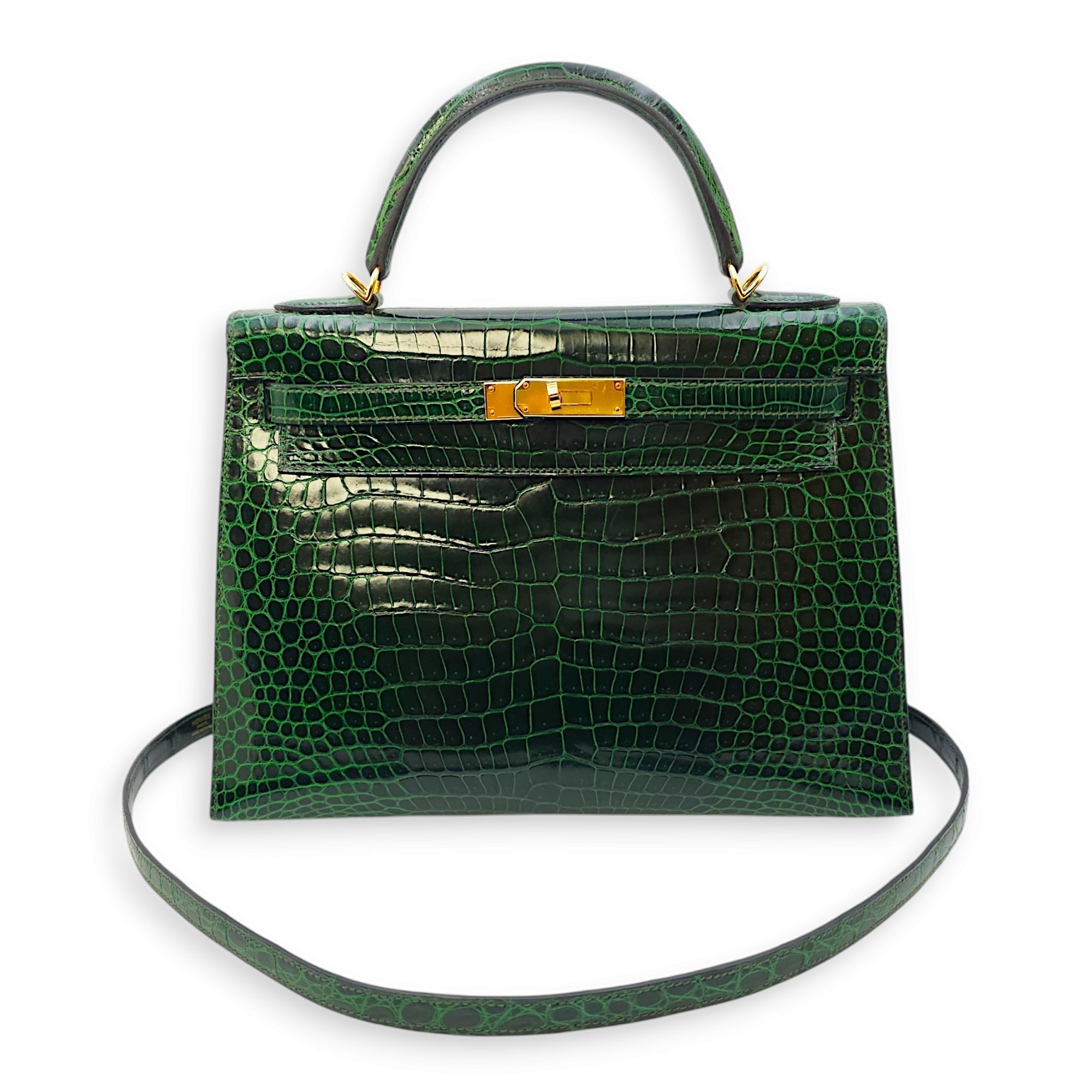 Sellier Kelly 32 Vert Fonce in Shiny Porosus Gold hardware CL2406-2734 10