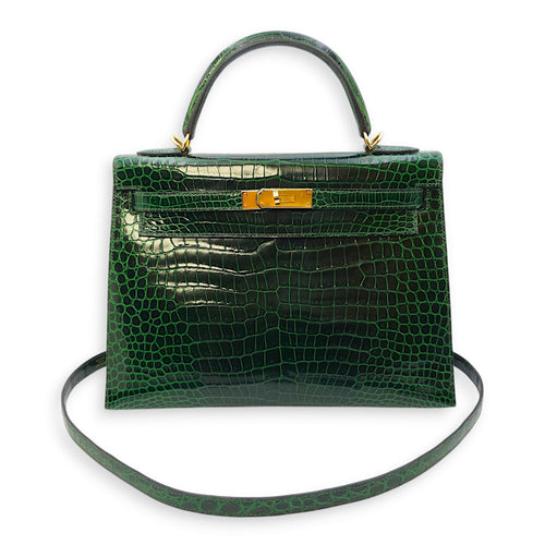 Sellier Kelly 32 Vert Fonce in Shiny Porosus Gold hardware CL2406-2734 10