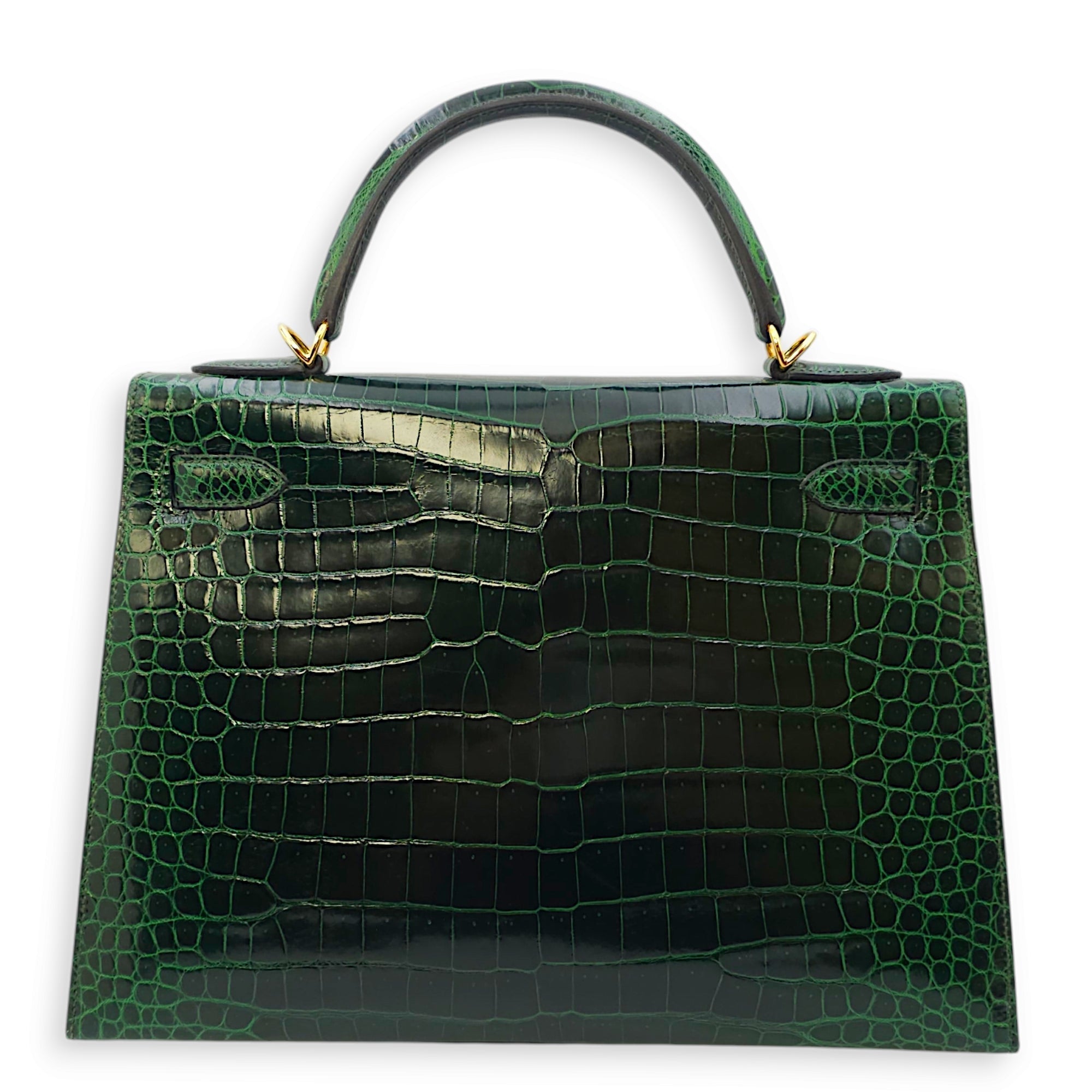 Sellier Kelly 32 Vert Fonce in Shiny Porosus Gold hardware CL2406-2734 2