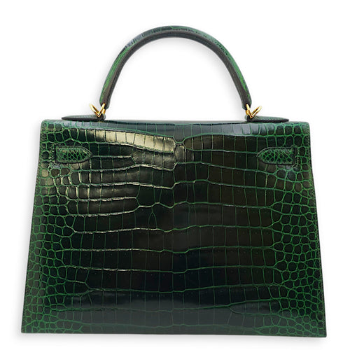 Sellier Kelly 32 Vert Fonce in Shiny Porosus Gold hardware CL2406-2734 2