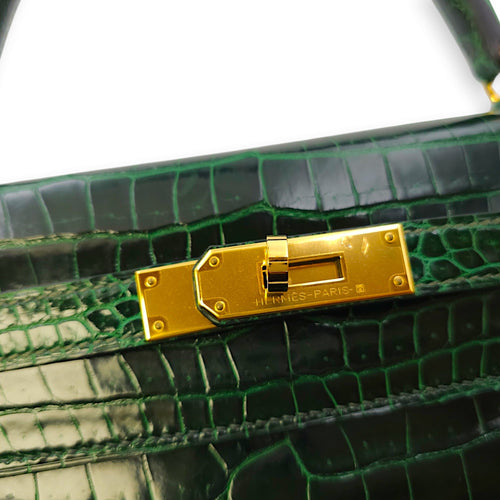 Sellier Kelly 32 Vert Fonce in Shiny Porosus Gold hardware CL2406-2734 7