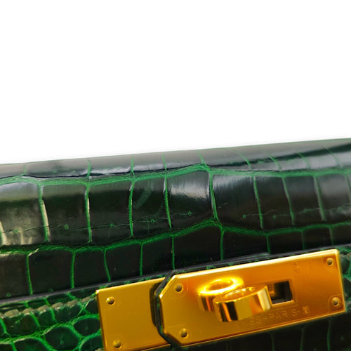 Sellier Kelly 32 Vert Fonce in Shiny Porosus Gold hardware CL2406-2734 9
