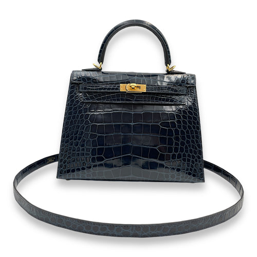 Sellier Kelly 25 Bleu Baltique in Shiny Alligator, Gold hardware