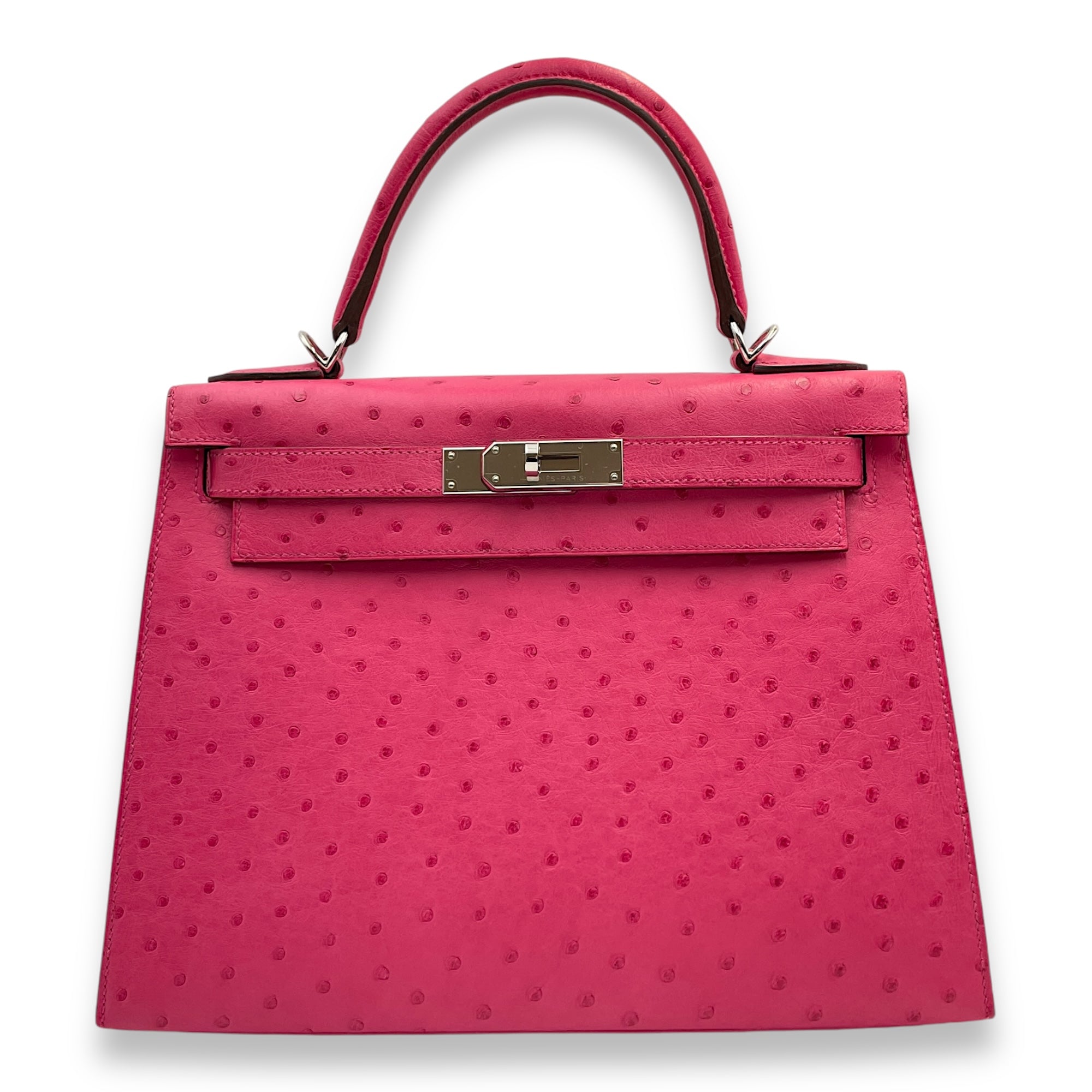 Sellier Kelly 28 Pink in Ostrich, Palladium hardware