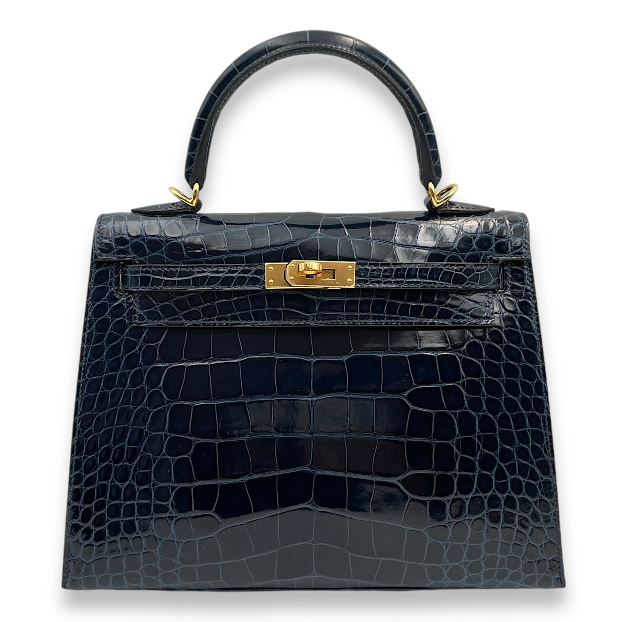 Sellier Kelly 25 Bleu Baltique in Shiny Alligator, Gold hardware