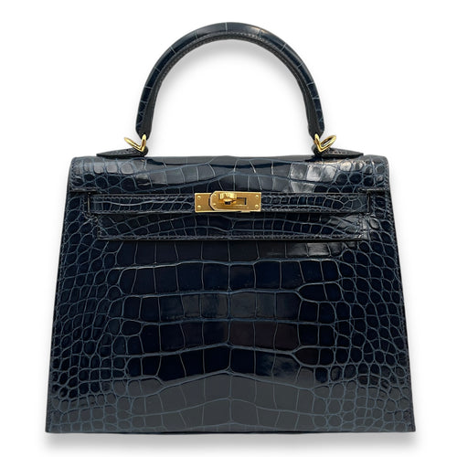 Sellier Kelly 25 Bleu Baltique in Shiny Alligator, Gold hardware