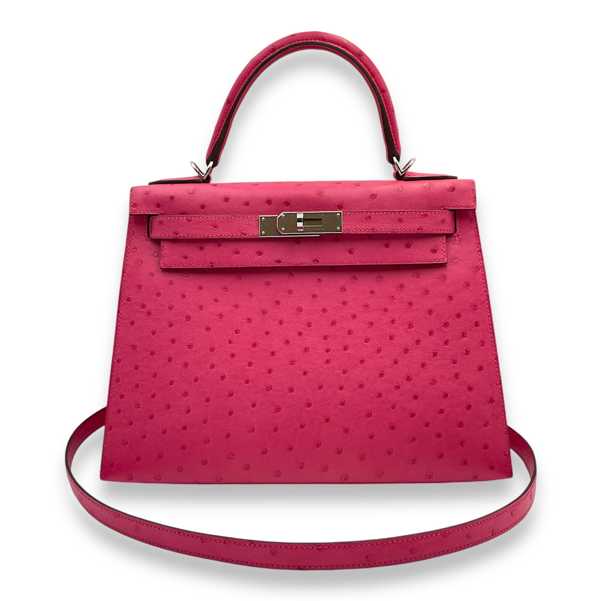 Sellier Kelly 28 Pink in Ostrich, Palladium hardware