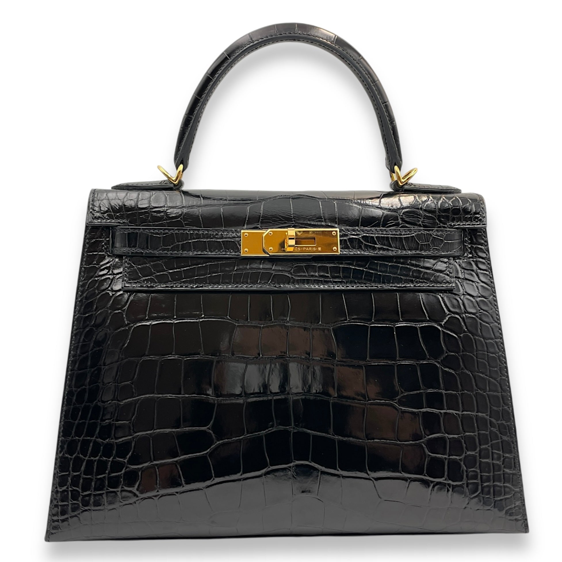 Sellier Kelly 28 Black in Shiny Alligator, Gold hardware