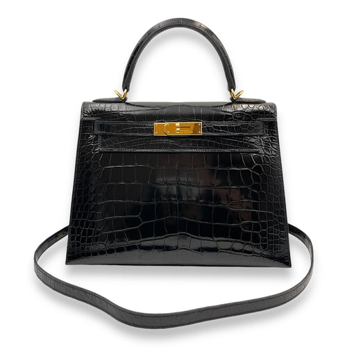 Sellier Kelly 28 Black in Shiny Alligator, Gold hardware