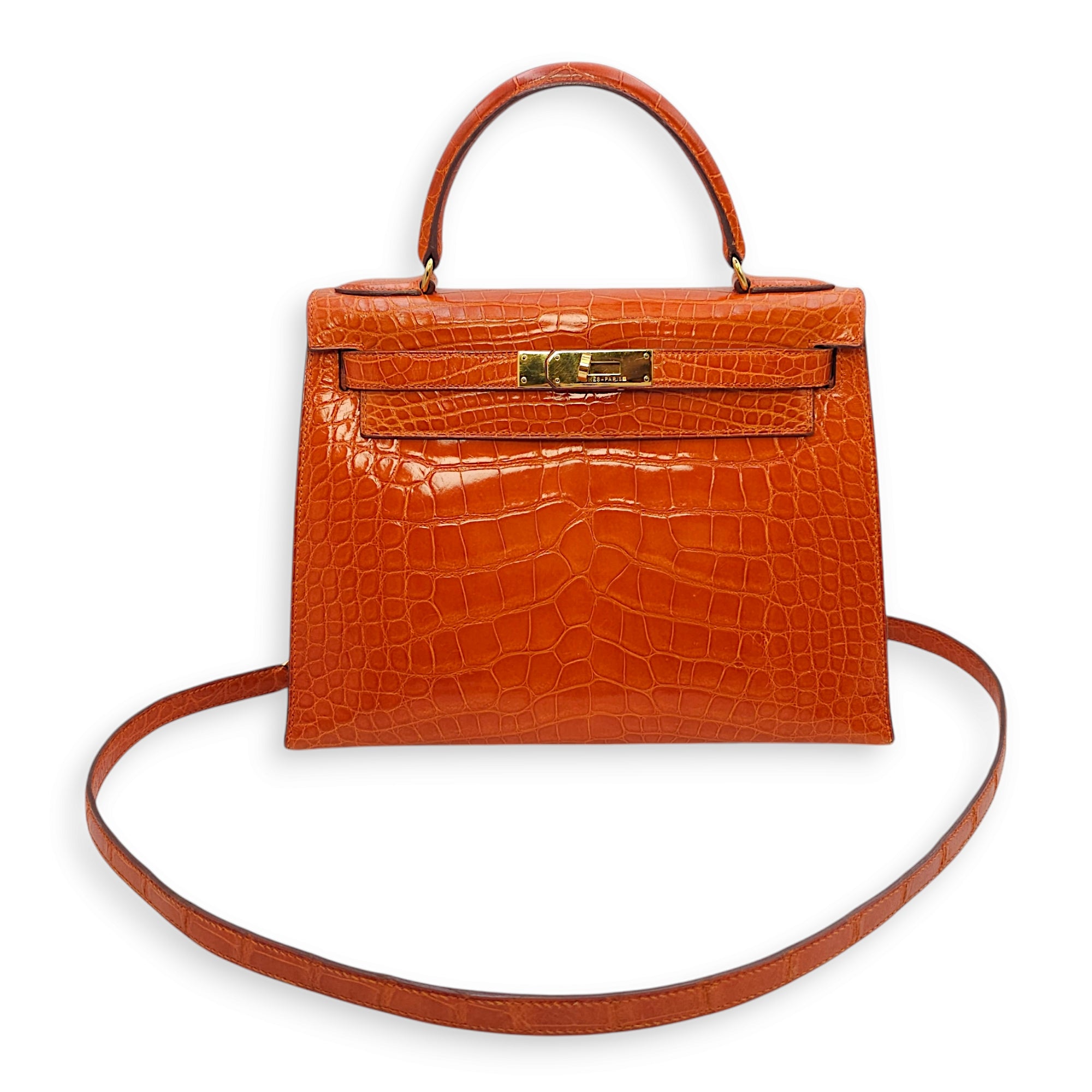 Sellier Kelly 28 Orange in Shiny Alligator, Gold hardware