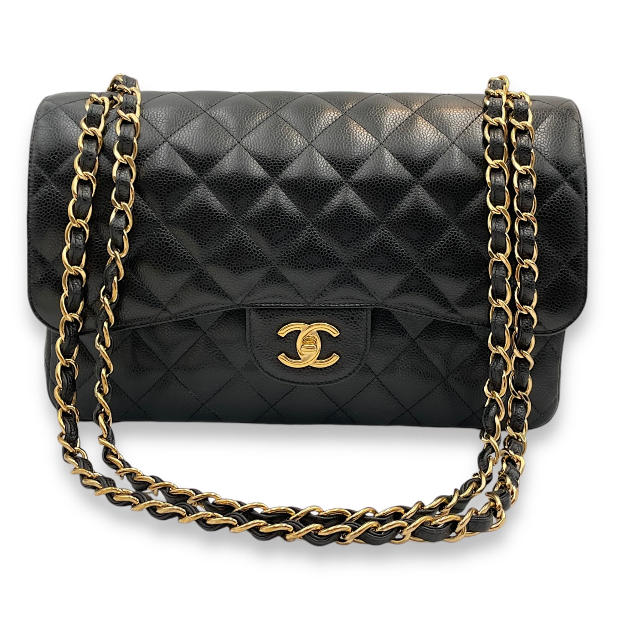 Classic (DF) Jumbo Black Shoulder Bag in Caviar Leather, Gold hardware