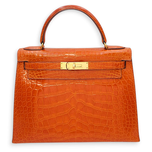 Sellier Kelly 28 Orange in Shiny Alligator, Gold hardware