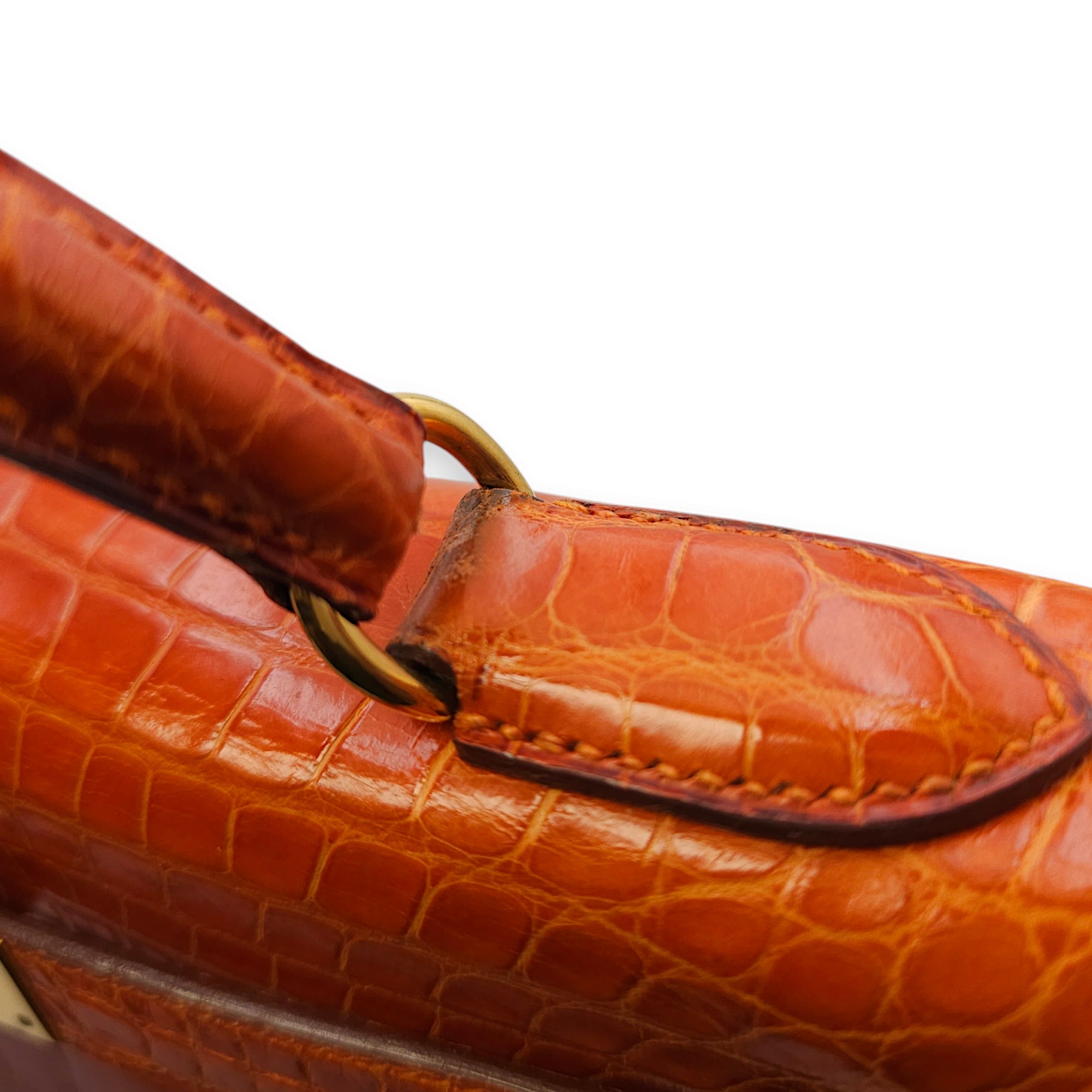 Sellier Kelly 28 Orange in Shiny Alligator, Gold hardware