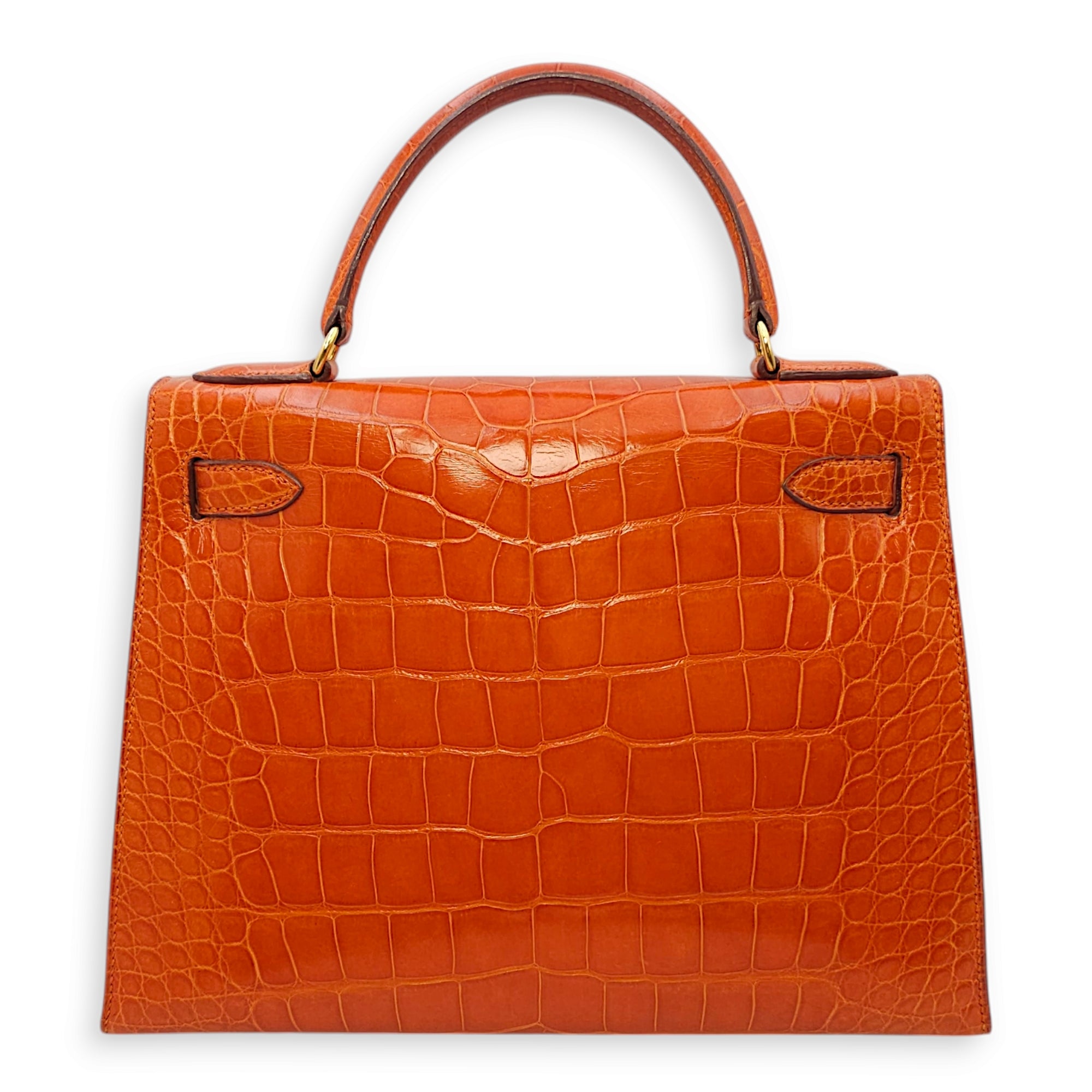 Sellier Kelly 28 Orange in Shiny Alligator, Gold hardware