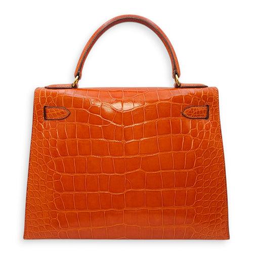 Sellier Kelly 28 Orange in Shiny Alligator, Gold hardware