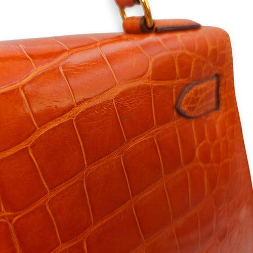 Sellier Kelly 28 Orange in Shiny Alligator, Gold hardware