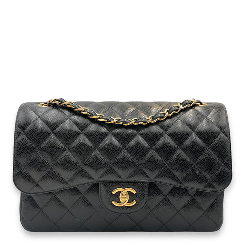 Classic (DF) Jumbo Black Shoulder Bag in Caviar Leather, Gold hardware