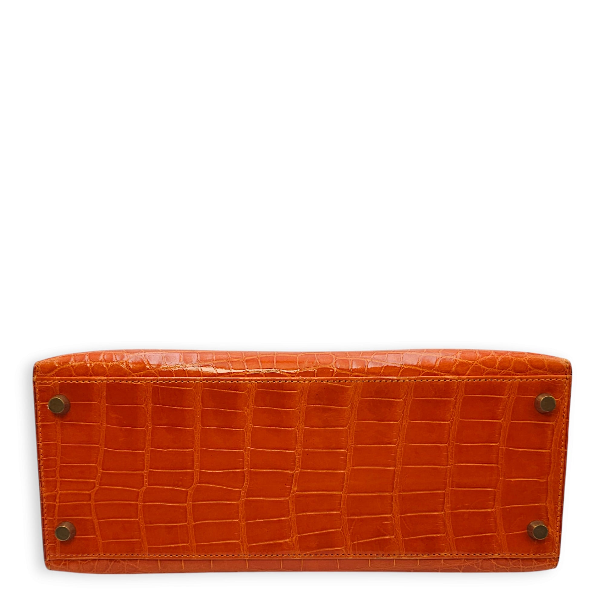 Sellier Kelly 28 Orange in Shiny Alligator, Gold hardware