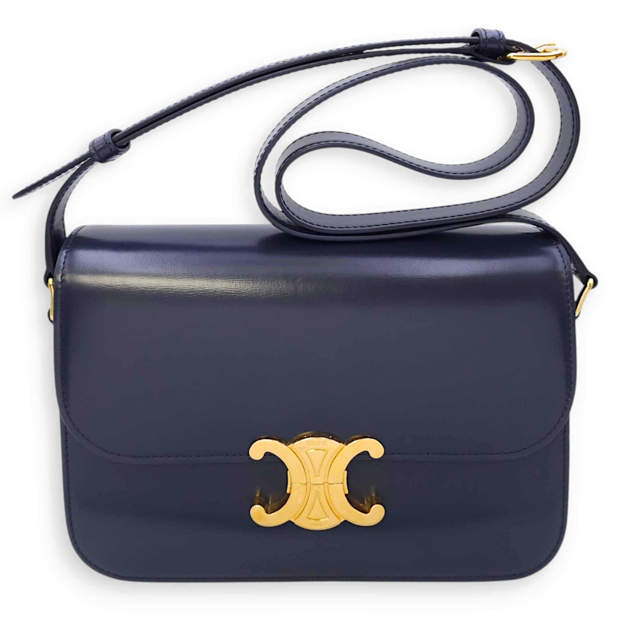 Triomphe Classic Flap 22x15x6cm Blue Shoulder Bag in Calfskin, Gold hardware