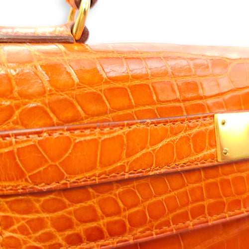 Sellier Kelly 28 Orange in Shiny Alligator, Gold hardware