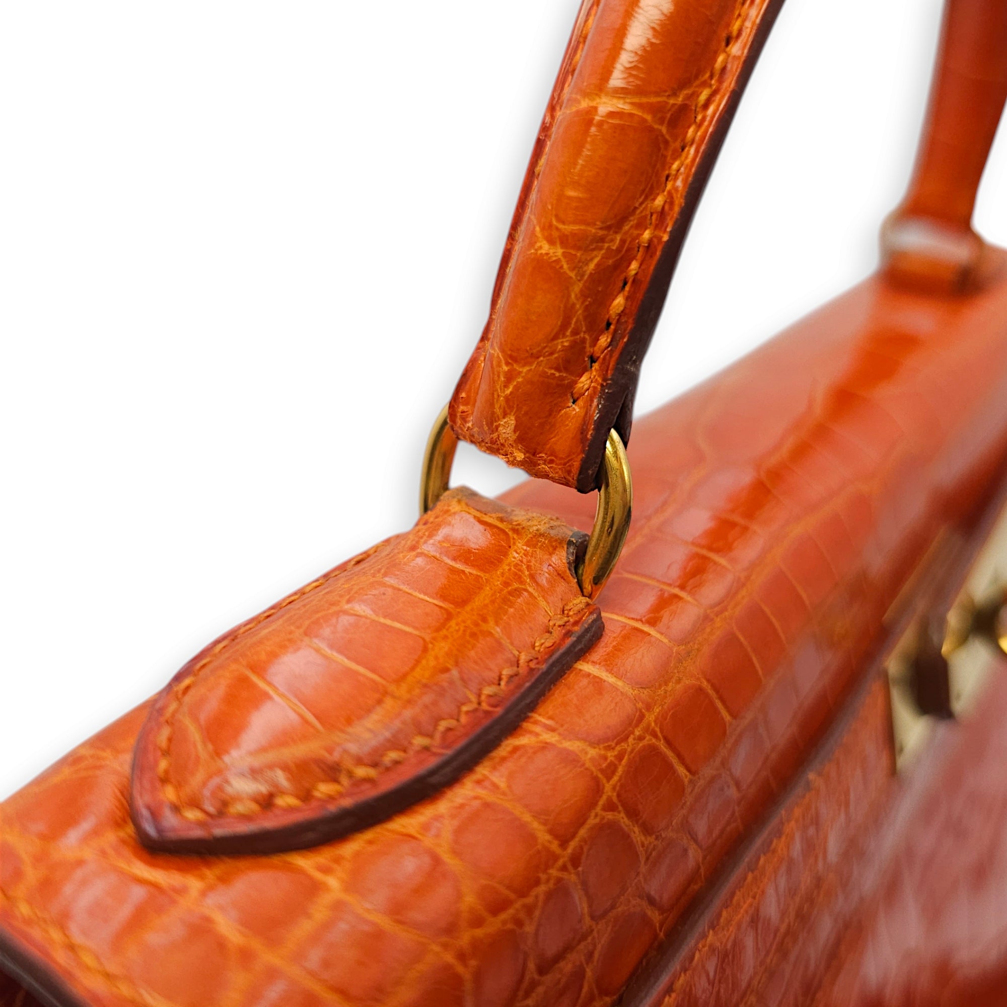 Sellier Kelly 28 Orange in Shiny Alligator, Gold hardware