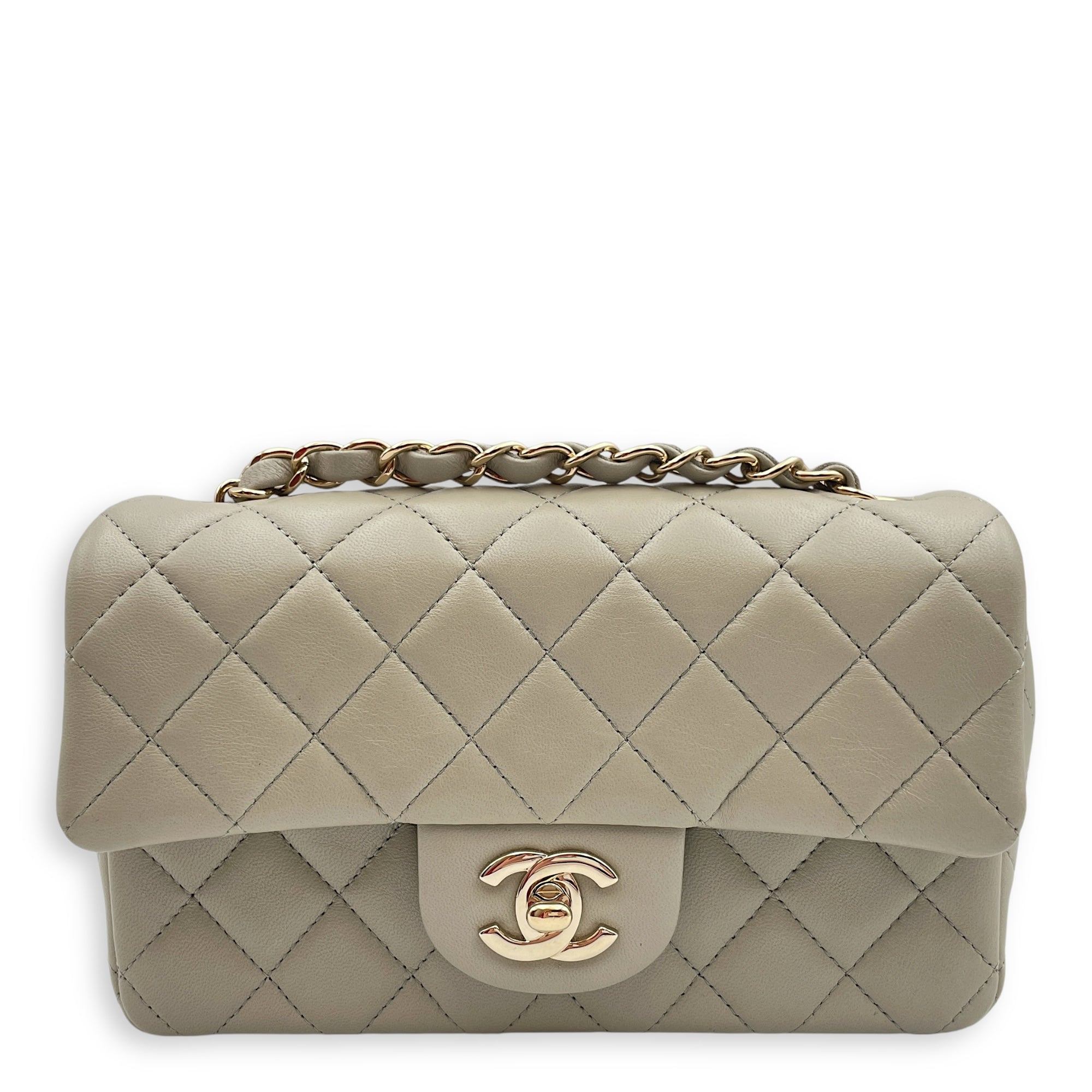 Classic Rectangle Mini Grey Crossbody Bag in Lambskin, Gold hardware