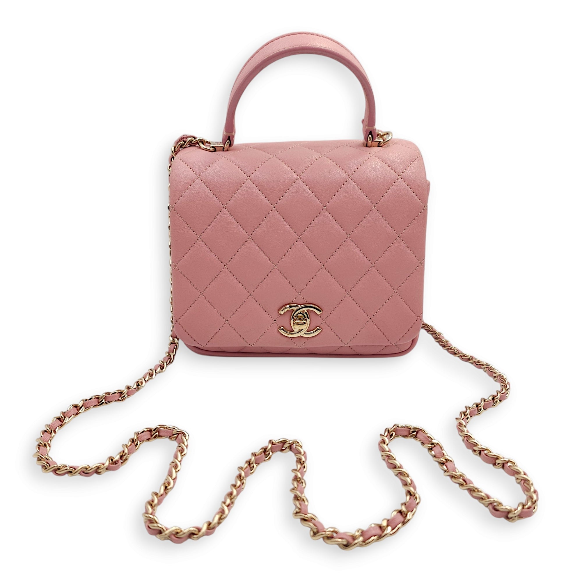 Seasonal Quilted Top Handle 16x13x4.5cm Pink Crossbody Bag in Lambskin, Gold hardware