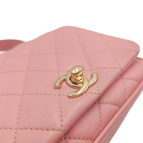 Seasonal Quilted Top Handle 16x13x4.5cm Pink Crossbody Bag in Lambskin, Gold hardware