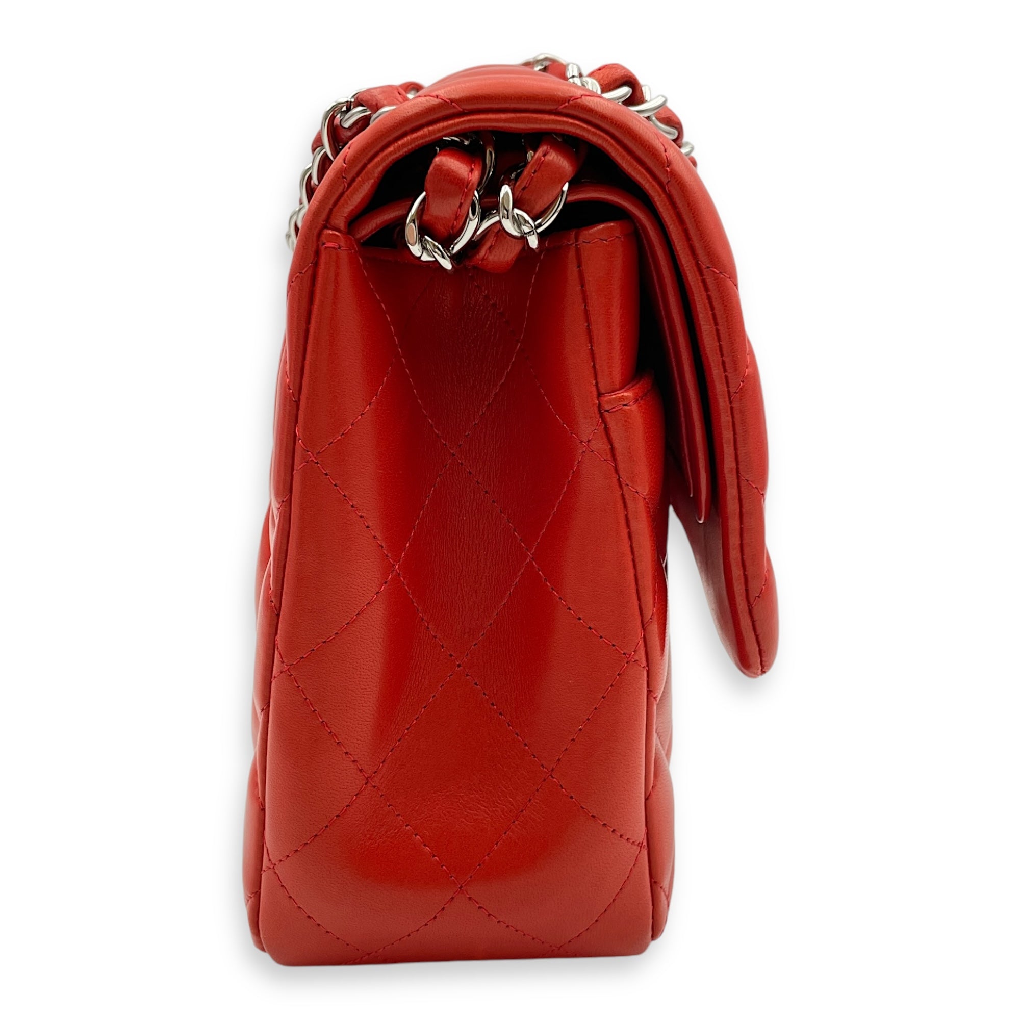 Classic (DF) Jumbo Red Shoulder Bag in Lambskin, Silver hardware