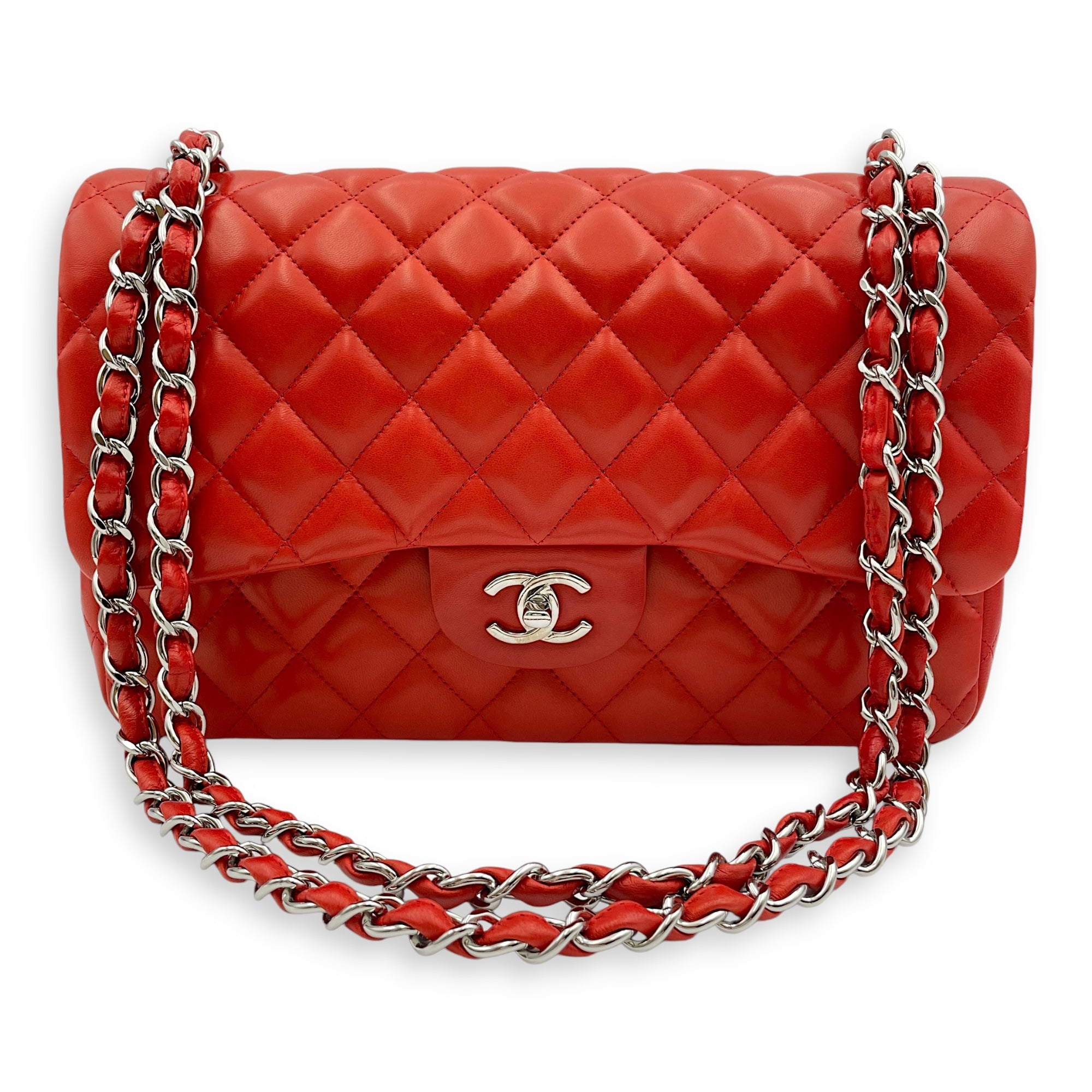 Classic (DF) Jumbo Red Shoulder Bag in Lambskin, Silver hardware