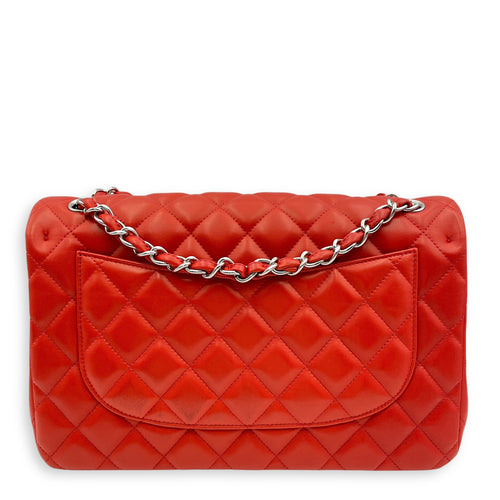 Classic (DF) Jumbo Red Shoulder Bag in Lambskin, Silver hardware