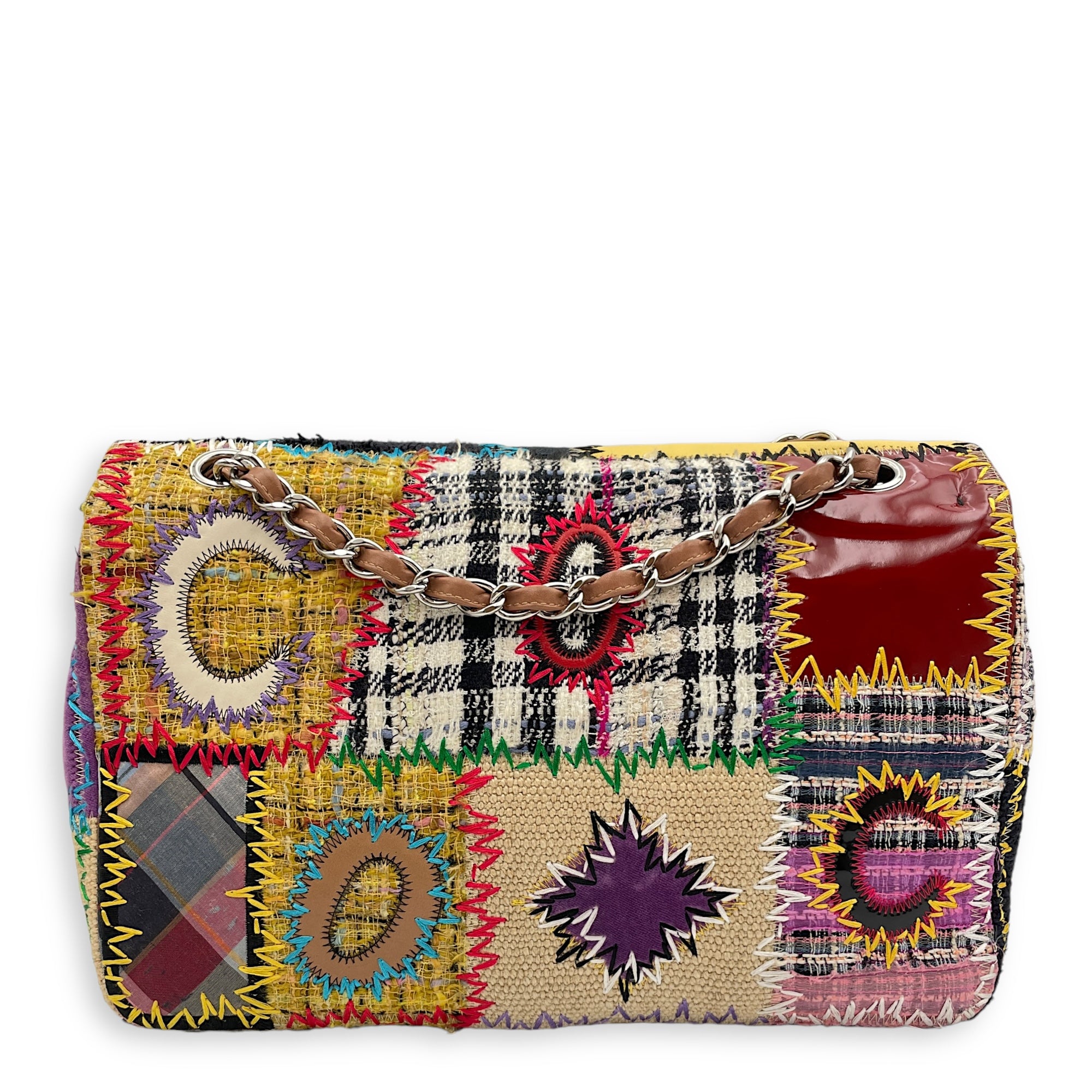 Seasonal Patchwork (SF) Jumbo Multi-colour Shoulder Bag in Lambskin, denim, fabric, judthread, patent, velvet, suede, tweed, Silver hardware