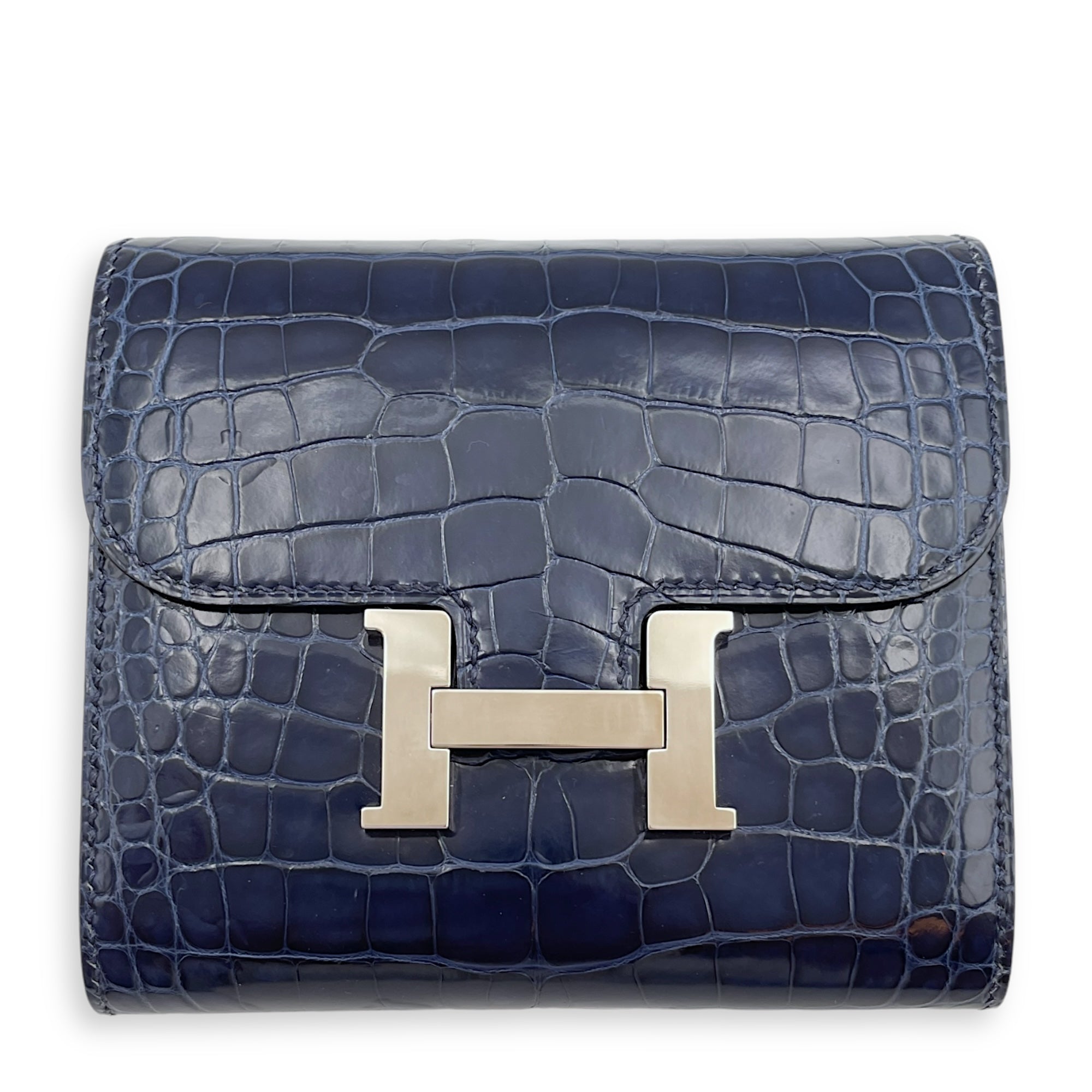 Constance Passant Compact Blue Sapphire Wallet in Shiny Alligator, Palladium hardware