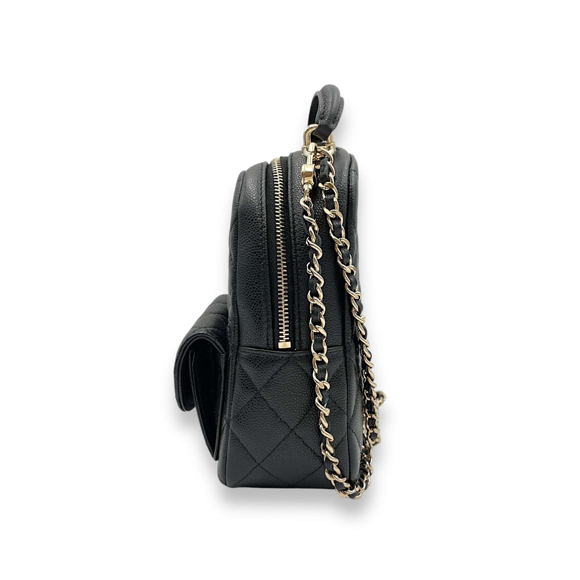 Quilted Mini Black Backpack in Caviar Leather, Gold hardware