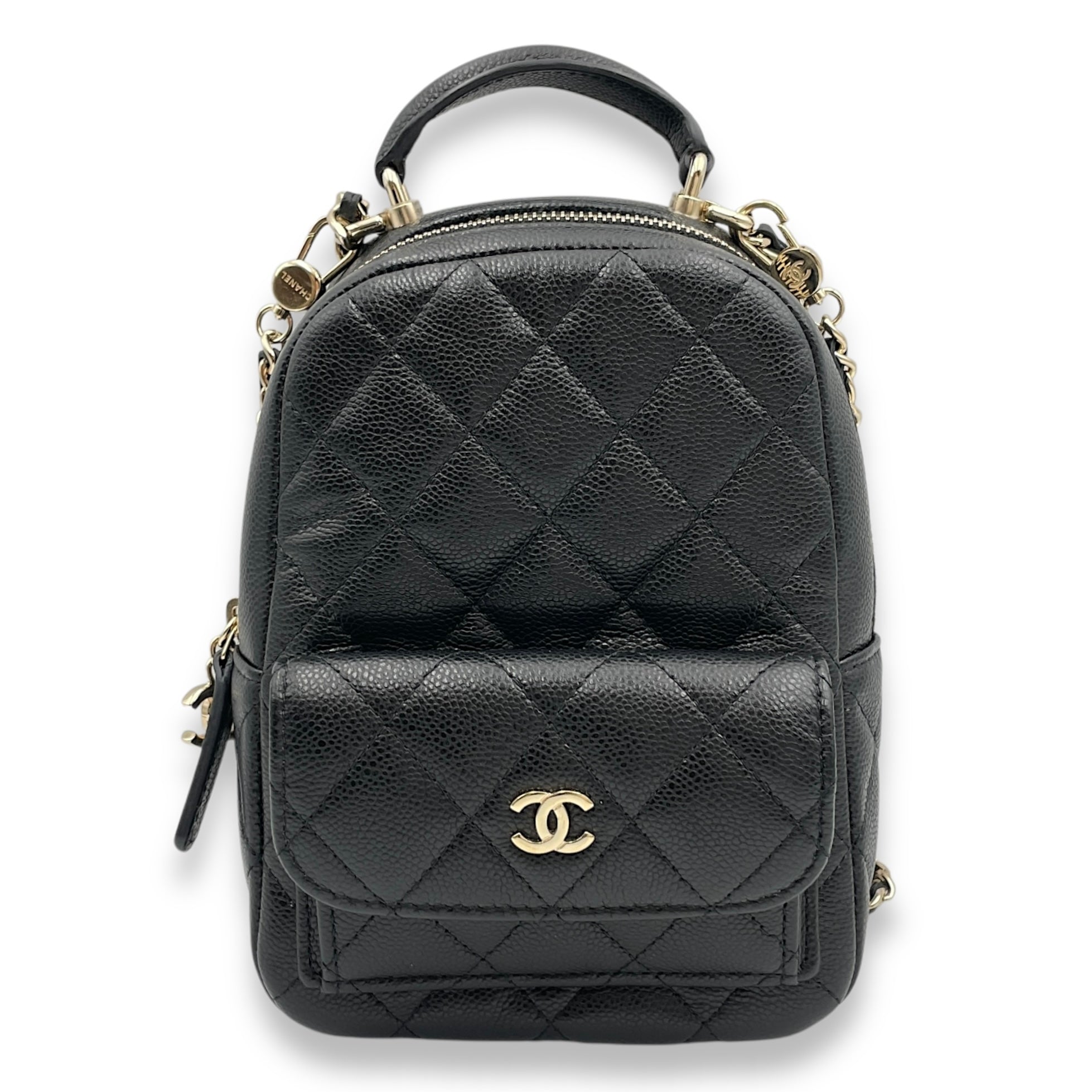 Quilted Mini Black Backpack in Caviar Leather, Gold hardware