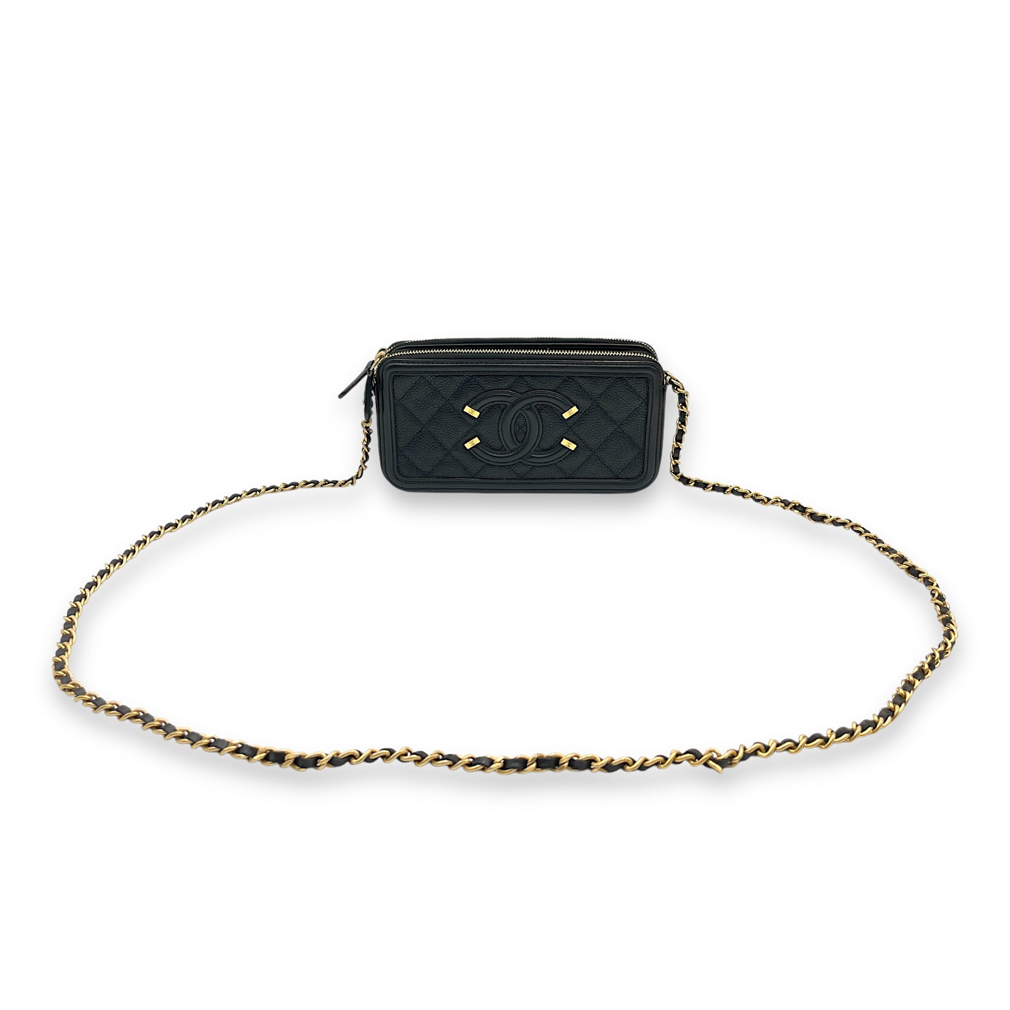 Filigree Double Compartment 18.5x9.5x3cm Black Crossbody Bag in Caviar Leather, Gold hardware