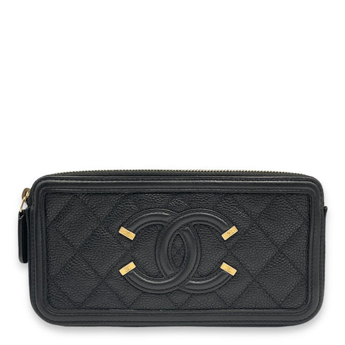 Filigree Double Compartment 18.5x9.5x3cm Black Crossbody Bag in Caviar Leather, Gold hardware