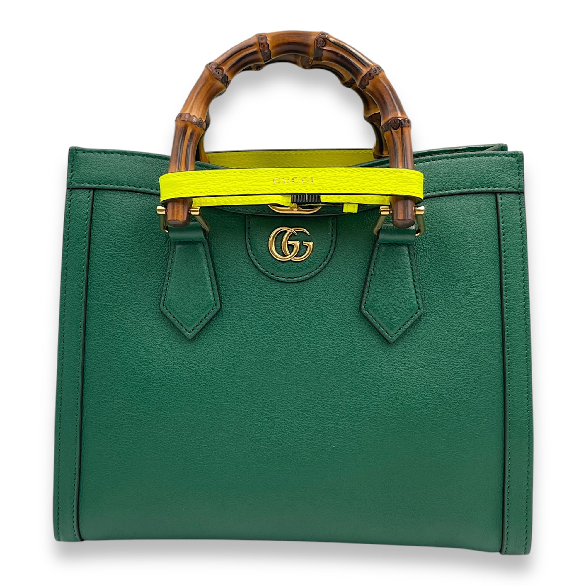 Diana Small 27x24x11cm Green Shoulder Bag in Boar leather, bamboo handle, Gold hardware